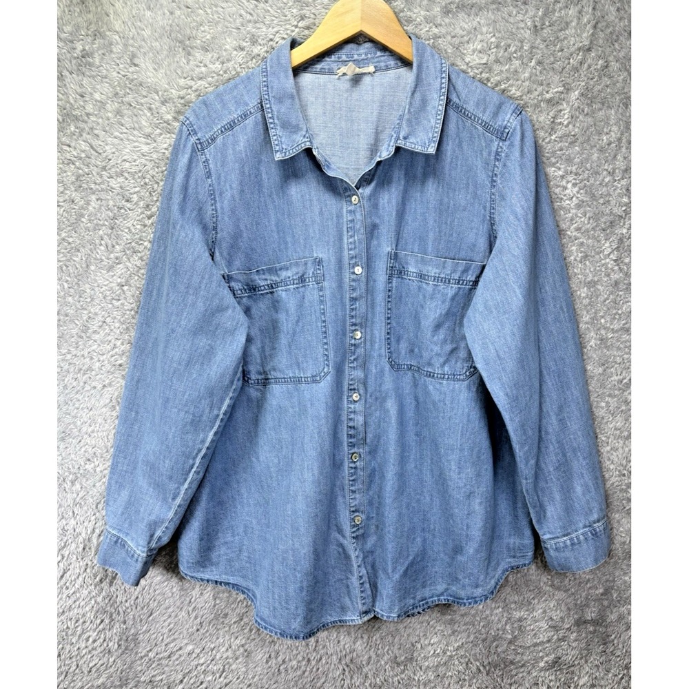 Eileen Fisher Womens 1X Blue Organic Cotton Chambray Denim Button Up Shirt